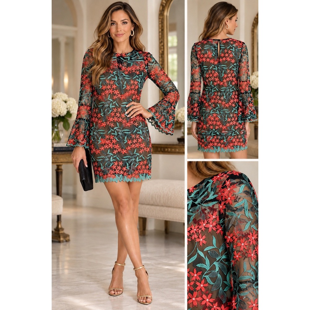 Elliatt Coral Turquoise Embroidered Bell Sleeve Mini Dress (MSRP: $395) XS